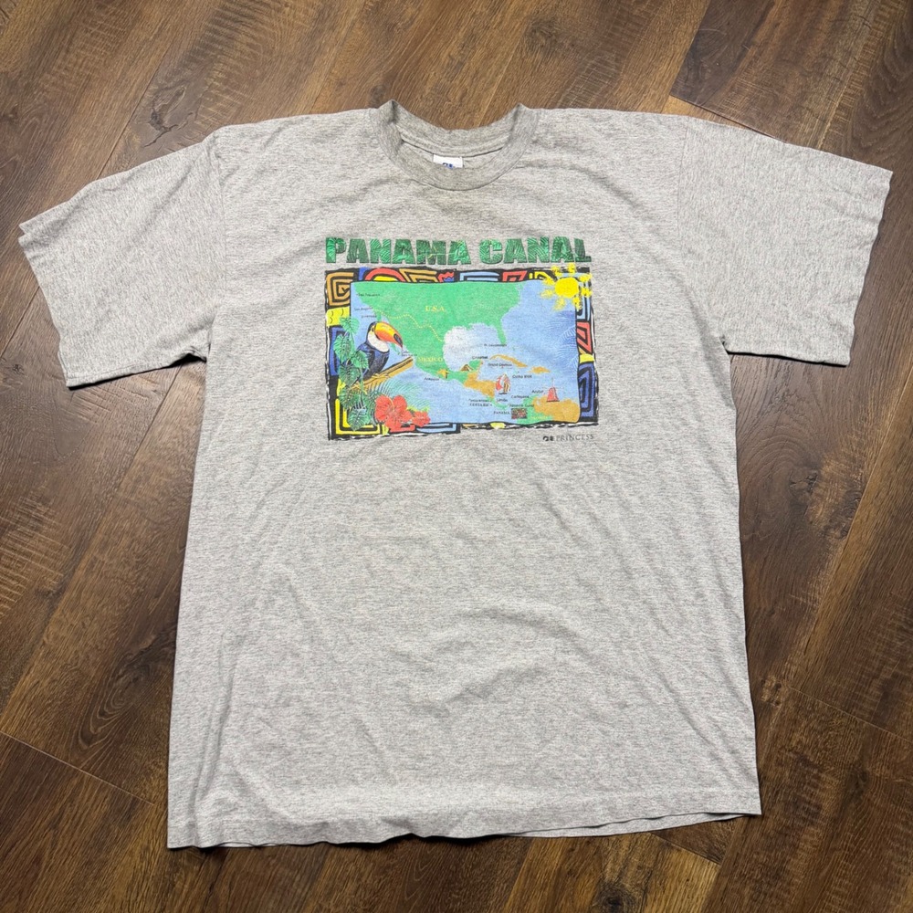 Vintage 90s Panama Canal Princess Graphic T Shirt Gray Travel Tee XL